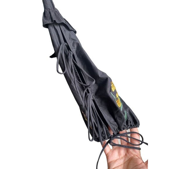 Zara Black Floral Embroidered Boho Mini Dress Large Balloon Ruffle Tie Sleeves - Picture 6 of 8